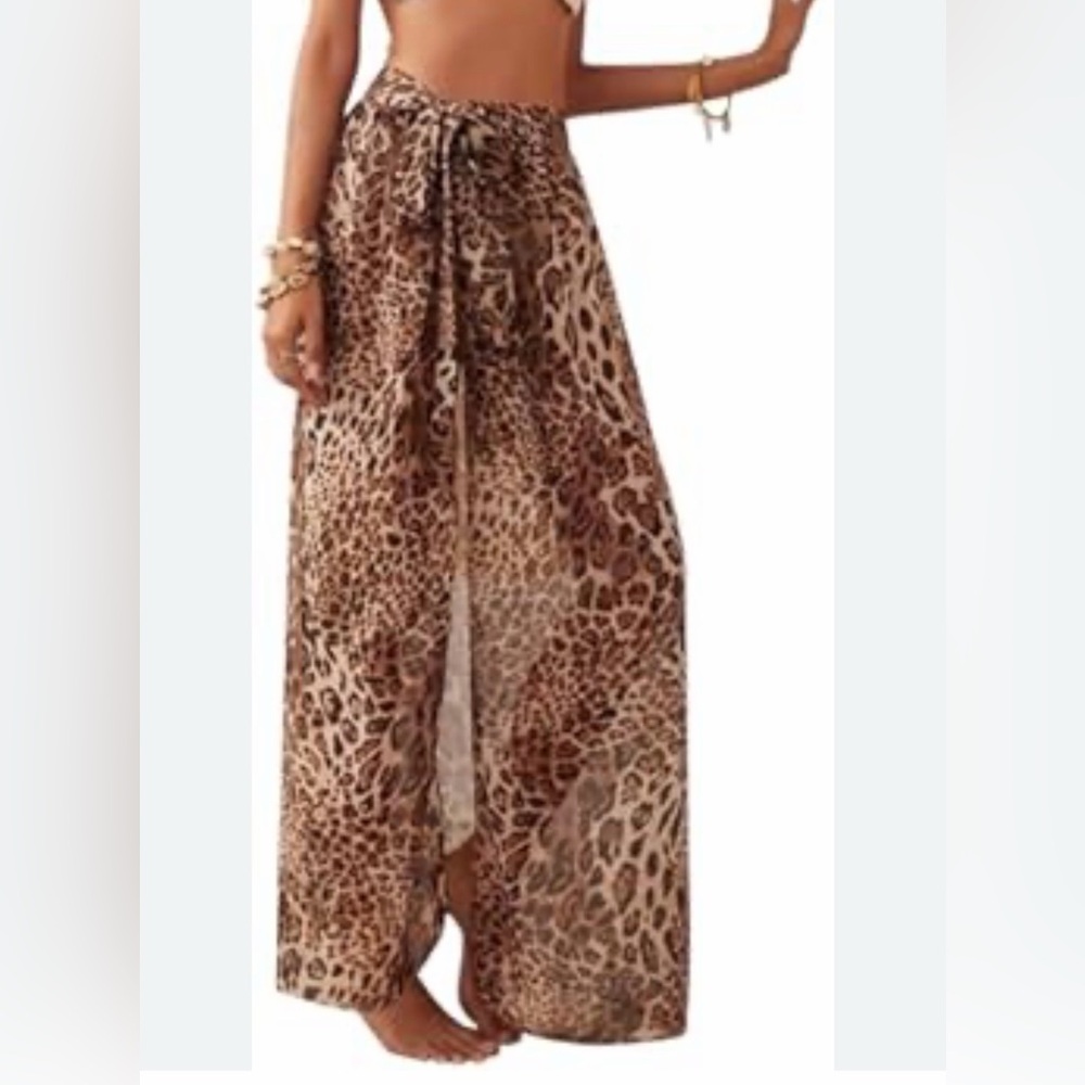 Leopard Print Beach Sarong Wrap Skirt,High Slit Maxi Cover Up, Sheer Chiffon S